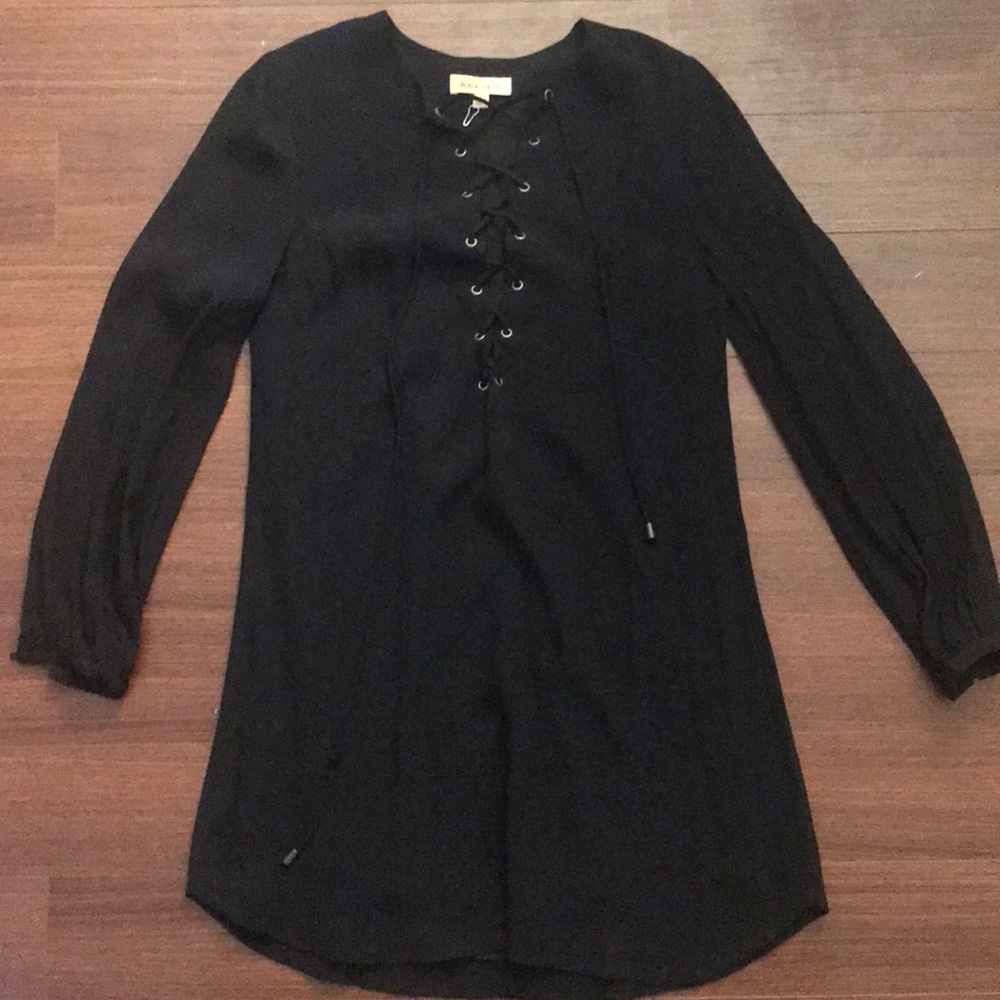 Black Lace Up Long Sleeve Dress